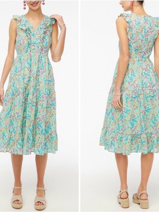 J. Crew Dresses & Skirts - J. Crew Aqua Multi Floral Ruffle V-Neck Midi Dress